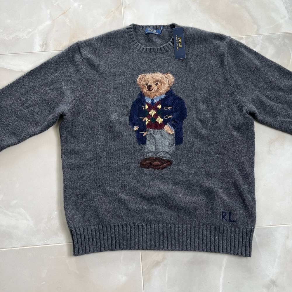 NEW Polo Ralph Lauren Argyle Bear Sweater WOOL XL Gray 2014 Edition